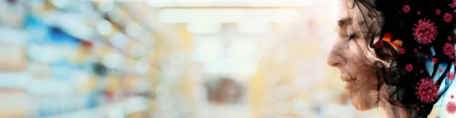 Woman with eyes closed and microorganism germs floating around her face, grocery store blurred in background - banner