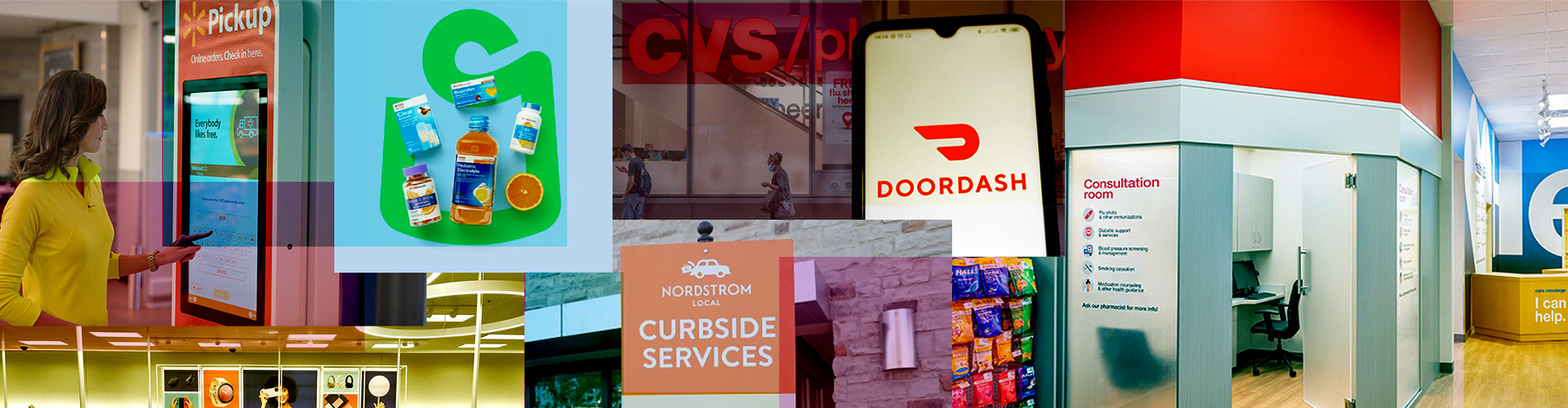 Collage of new shopper habits, including curbside and in-store pickup and retail pharmacy