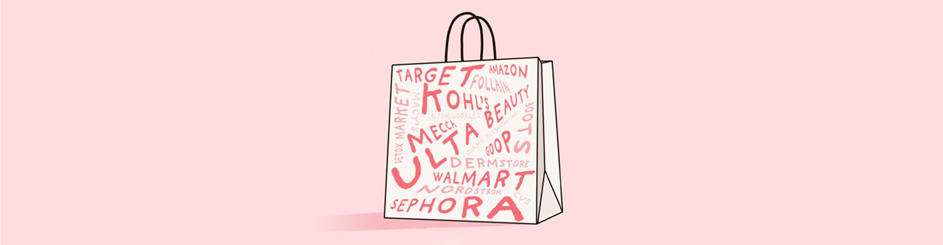 White shopping bag with several beauty brands and retailers names drawn over it - banner