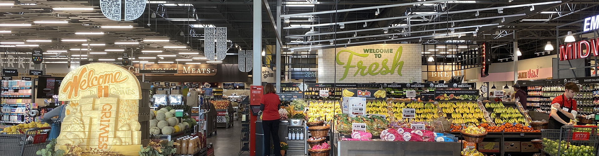 Trendy modern grocery store with QR codes banner