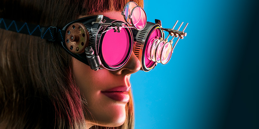 Value 7 Image featuring woman wearing pink binoculars over a blue background