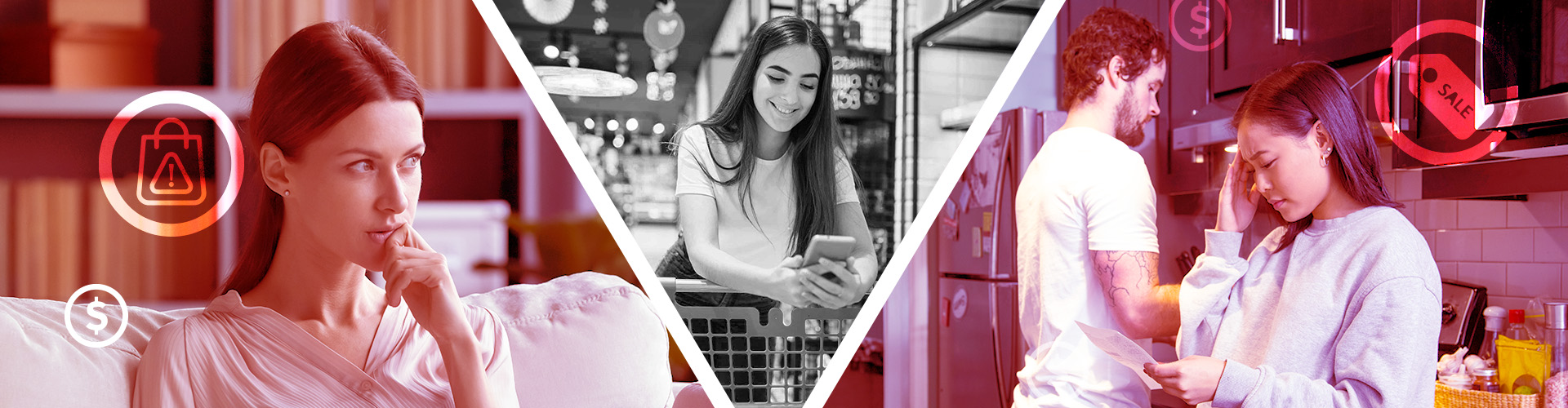 Collage of young people struggling while online shopping banner